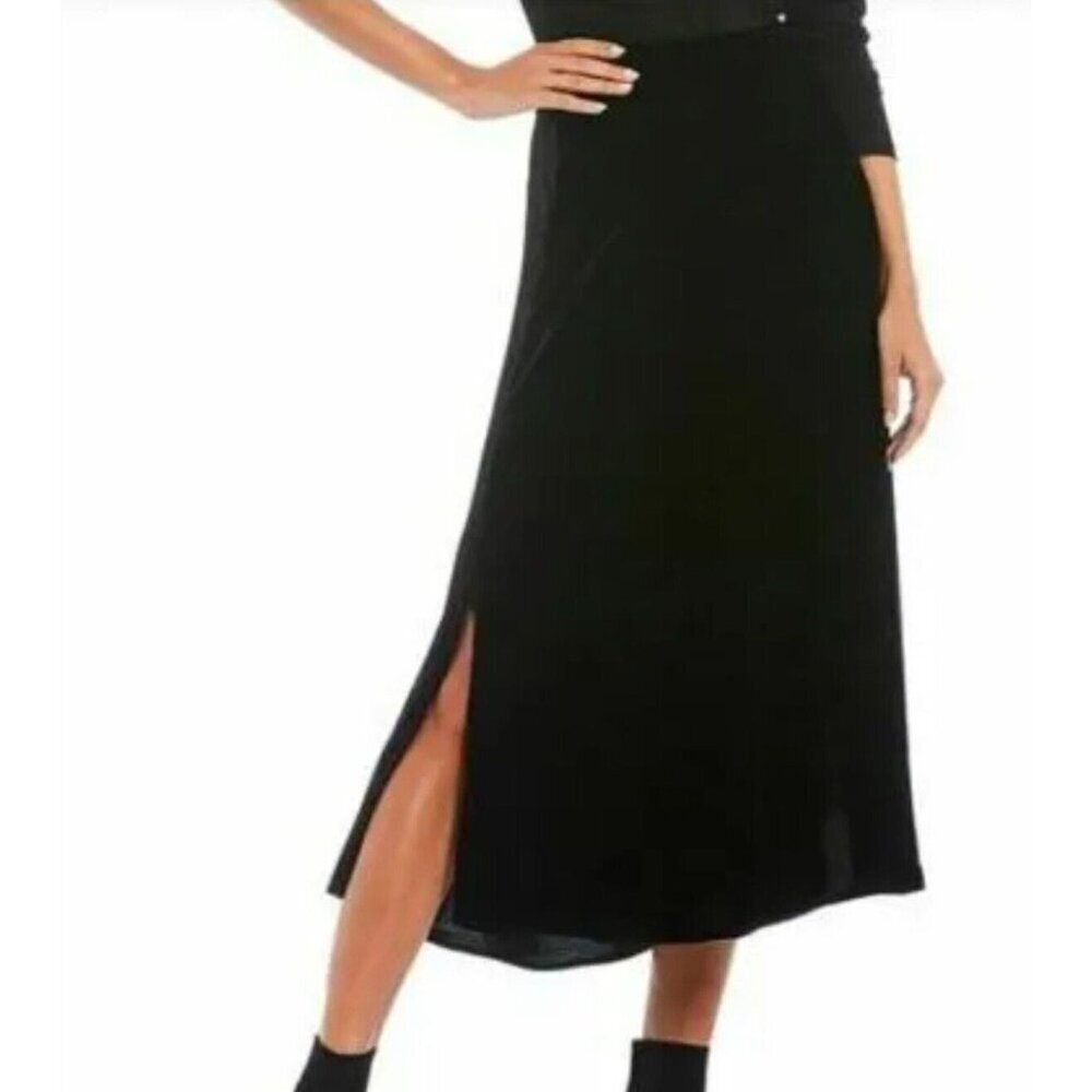 Eileen Fisher Velvet A-Line Calf Length Skirt Black Large‎ NWT